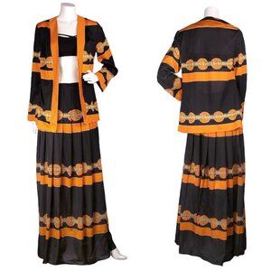 Vintage GOTTEX 60s Top Skirt Set Maxi Long Sleeve Top Black Orange Psychedelic